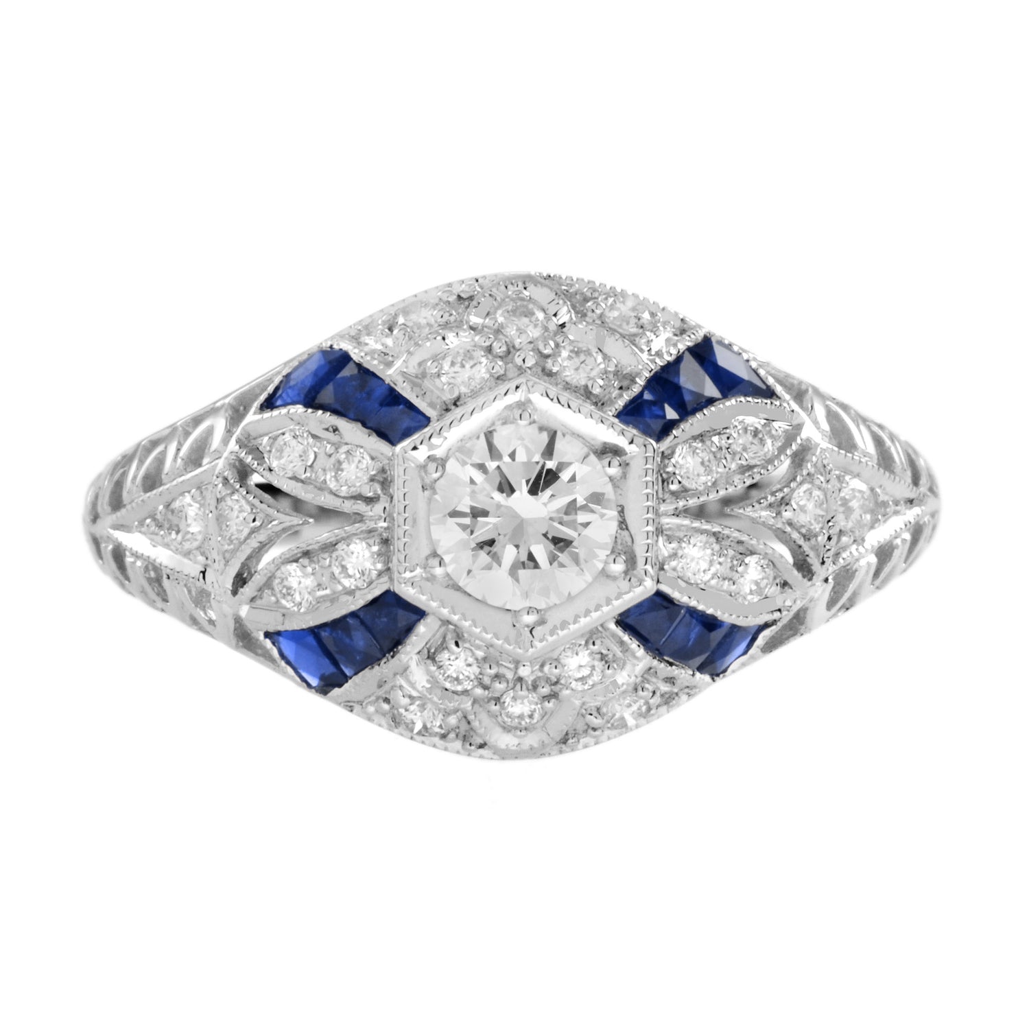 Diamond &amp; Blue Sapphire Art Deco Style 14K White Gold Ring