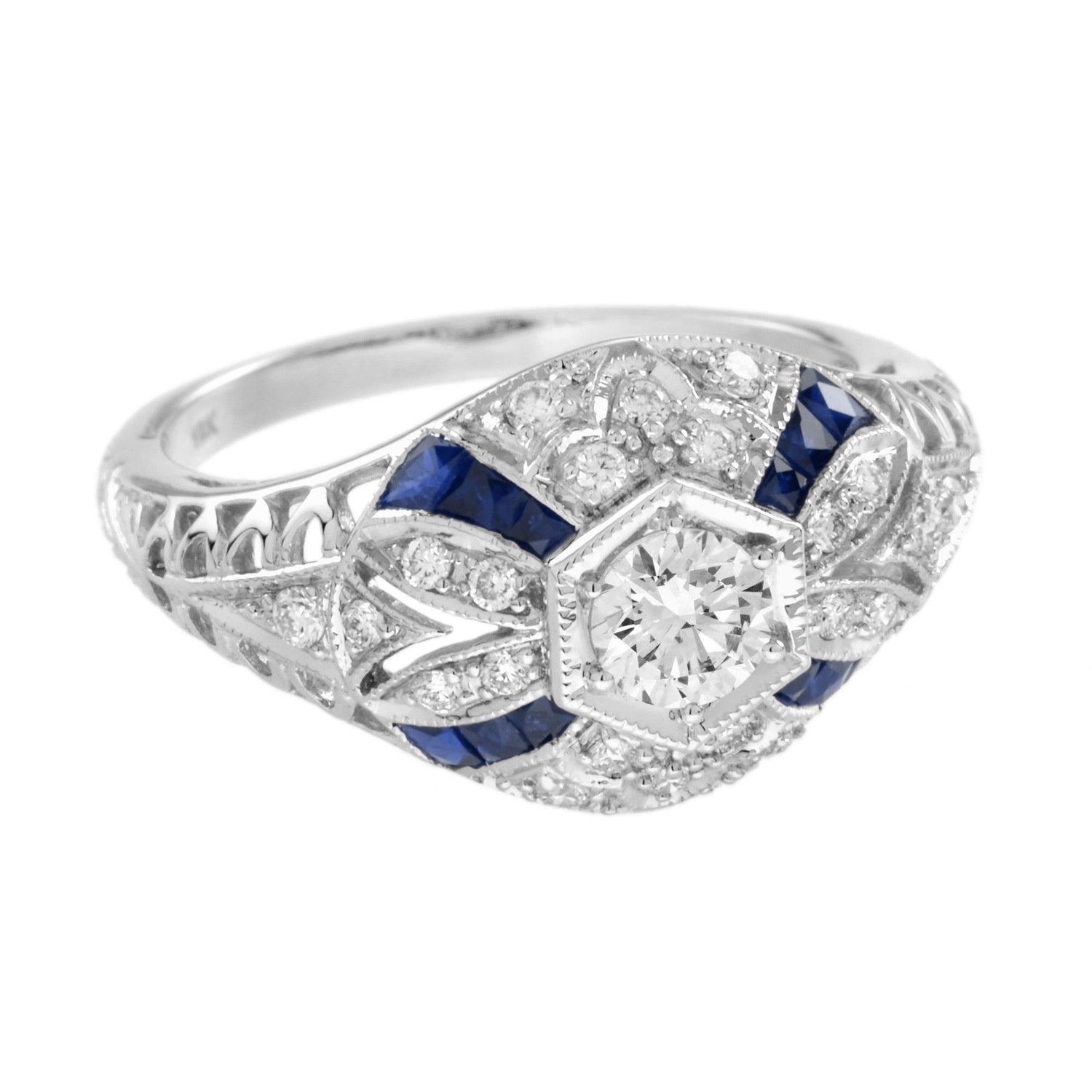 Diamond &amp; Blue Sapphire Art Deco Style 14K White Gold Ring