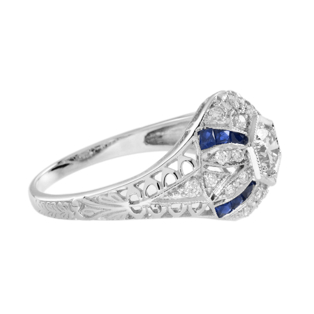 Diamond & Blue Sapphire Art Deco Style 14K White Gold Ring