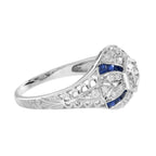 Diamond & Blue Sapphire Art Deco Style 14K White Gold Ring