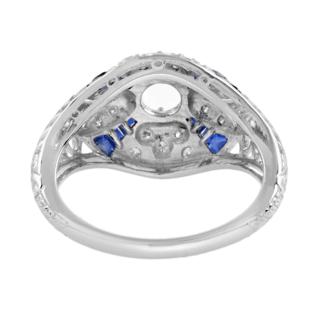 Diamond & Blue Sapphire Art Deco Style 14K White Gold Ring