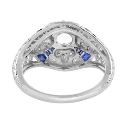 Diamond &amp; Blue Sapphire Art Deco Style 14K White Gold Ring