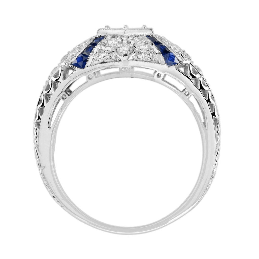 Diamond & Blue Sapphire Art Deco Style 14K White Gold Ring