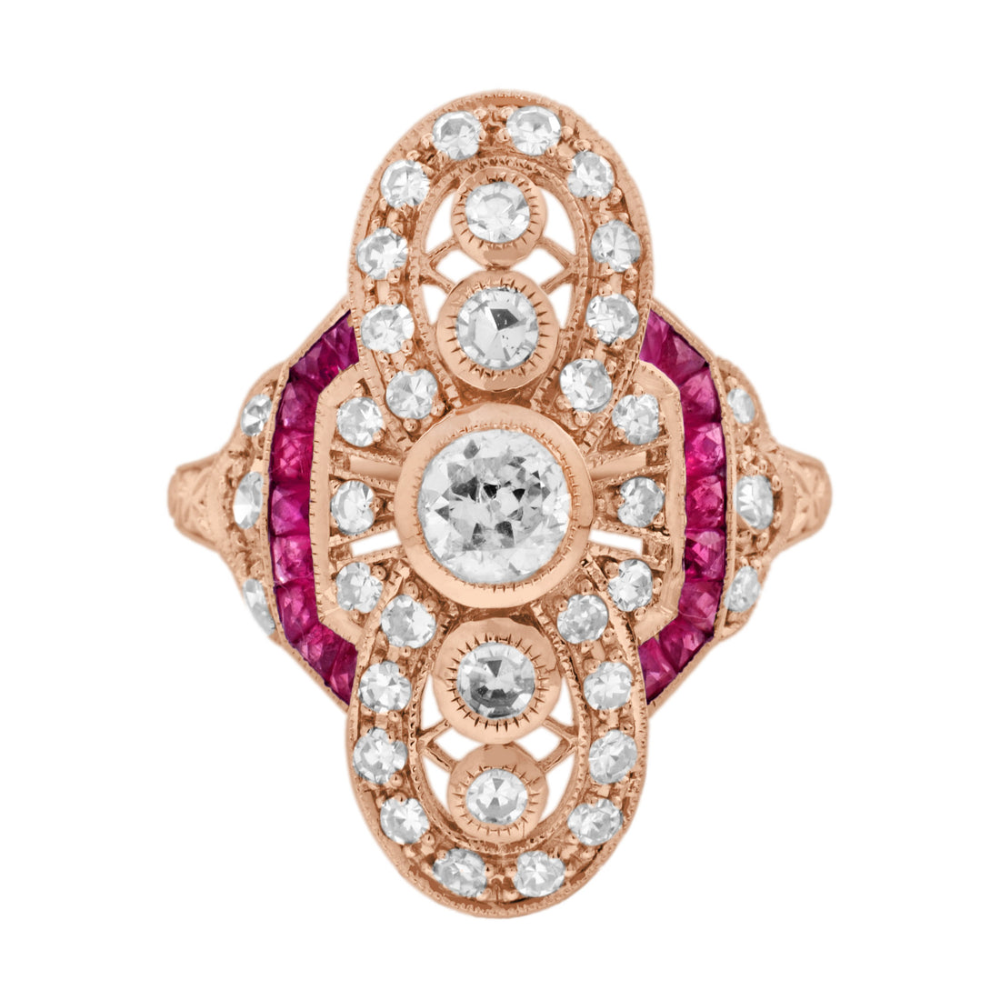 Diamond & Ruby Vintage Inspired Art Deco Style Cocktail Rose Gold Ring