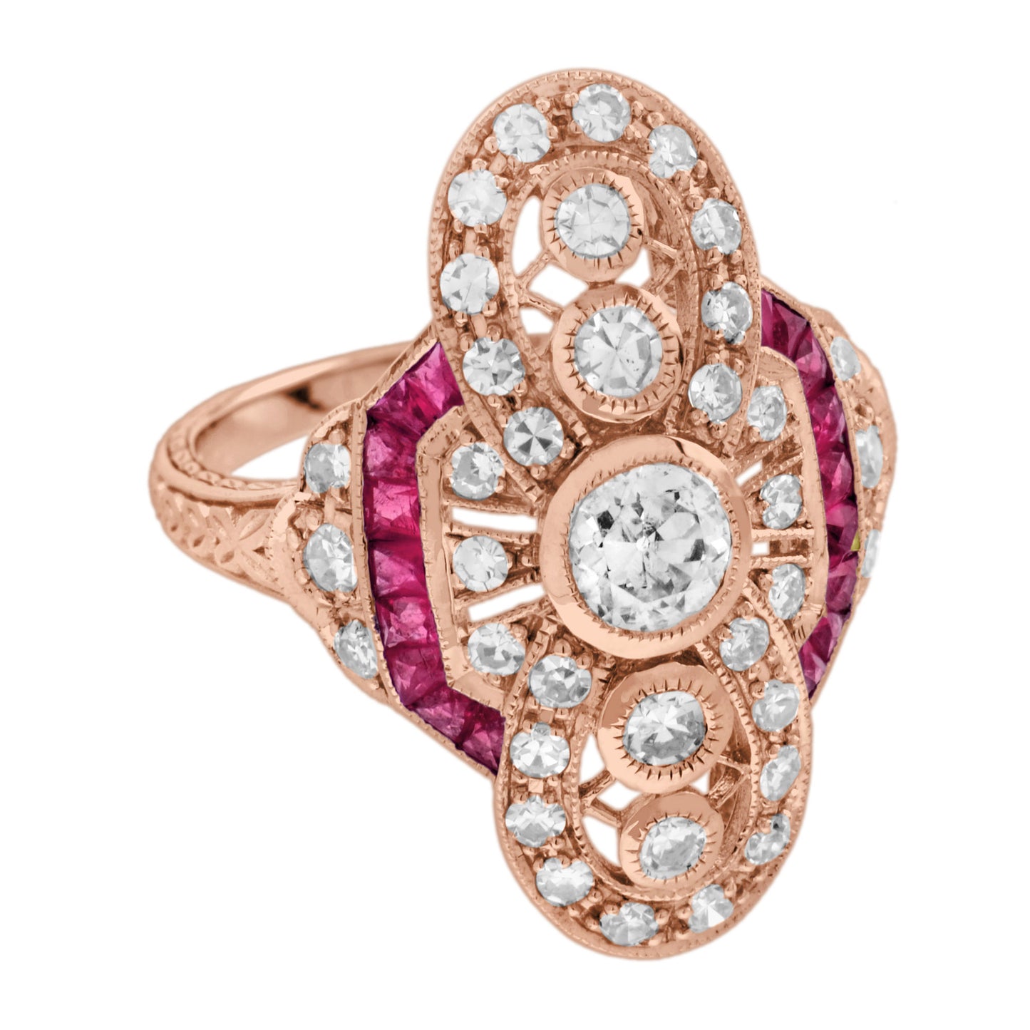 diamond & ruby vintage inspired art deco style cocktail rose gold ring