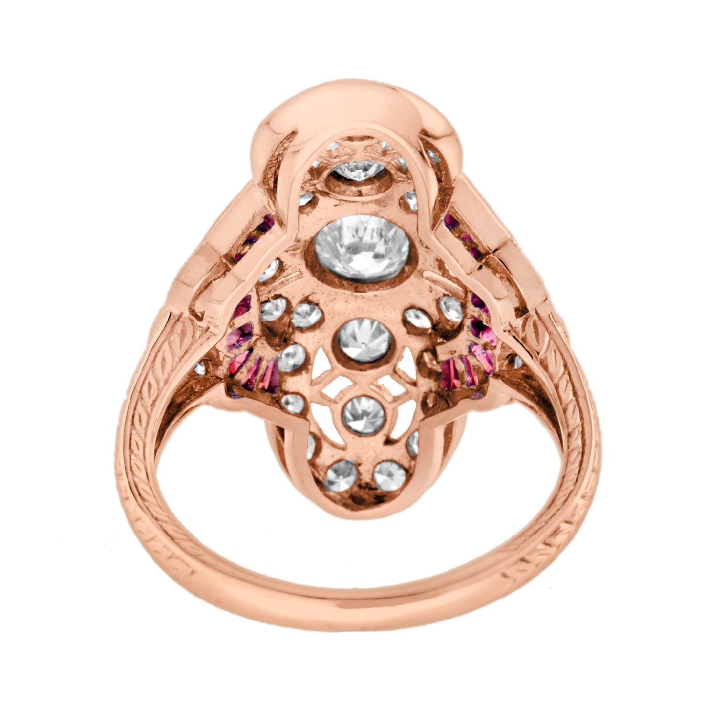diamond & ruby vintage inspired art deco style cocktail rose gold ring