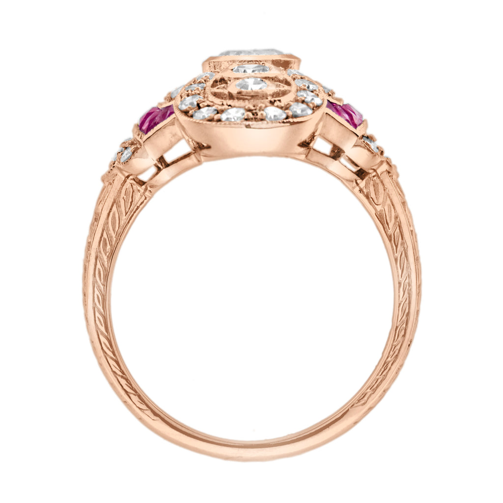 Diamond & Ruby Vintage Inspired Art Deco Style Cocktail Rose Gold Ring