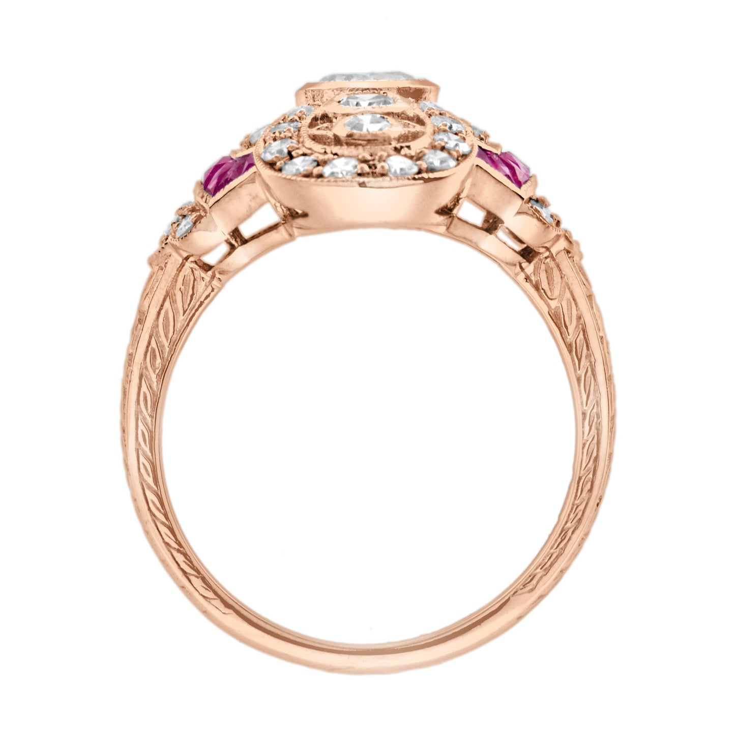 diamond & ruby vintage inspired art deco style cocktail rose gold ring