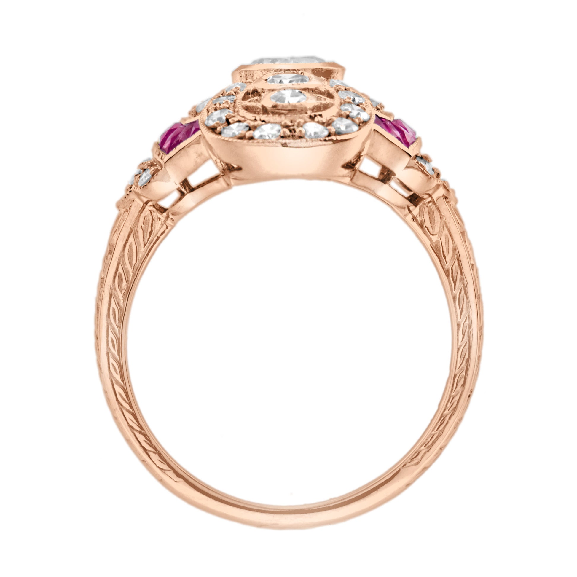 Diamond & Ruby Vintage Inspired Art Deco Style Cocktail Rose Gold Ring