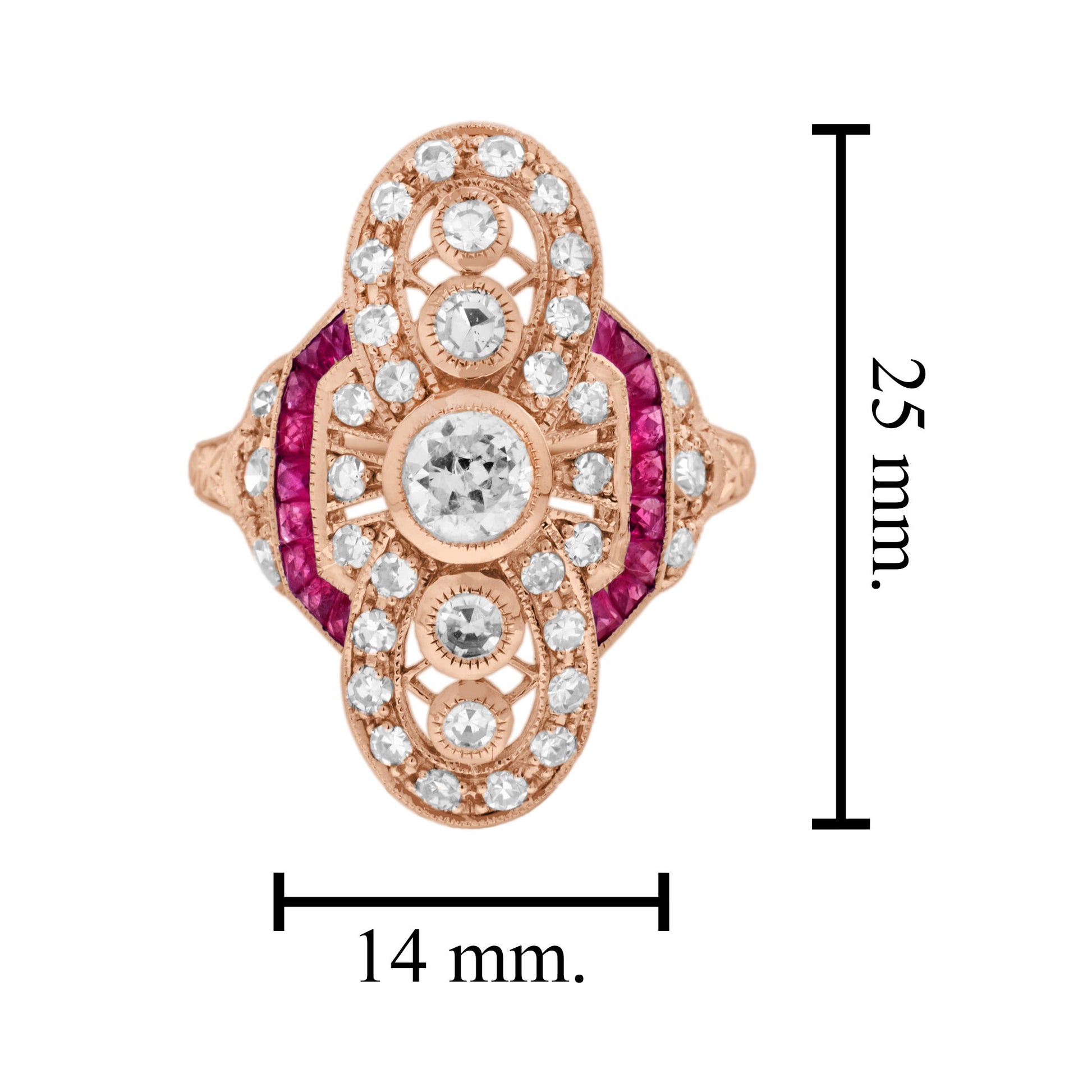 Diamond & Ruby Vintage Inspired Art Deco Style Cocktail Rose Gold Ring