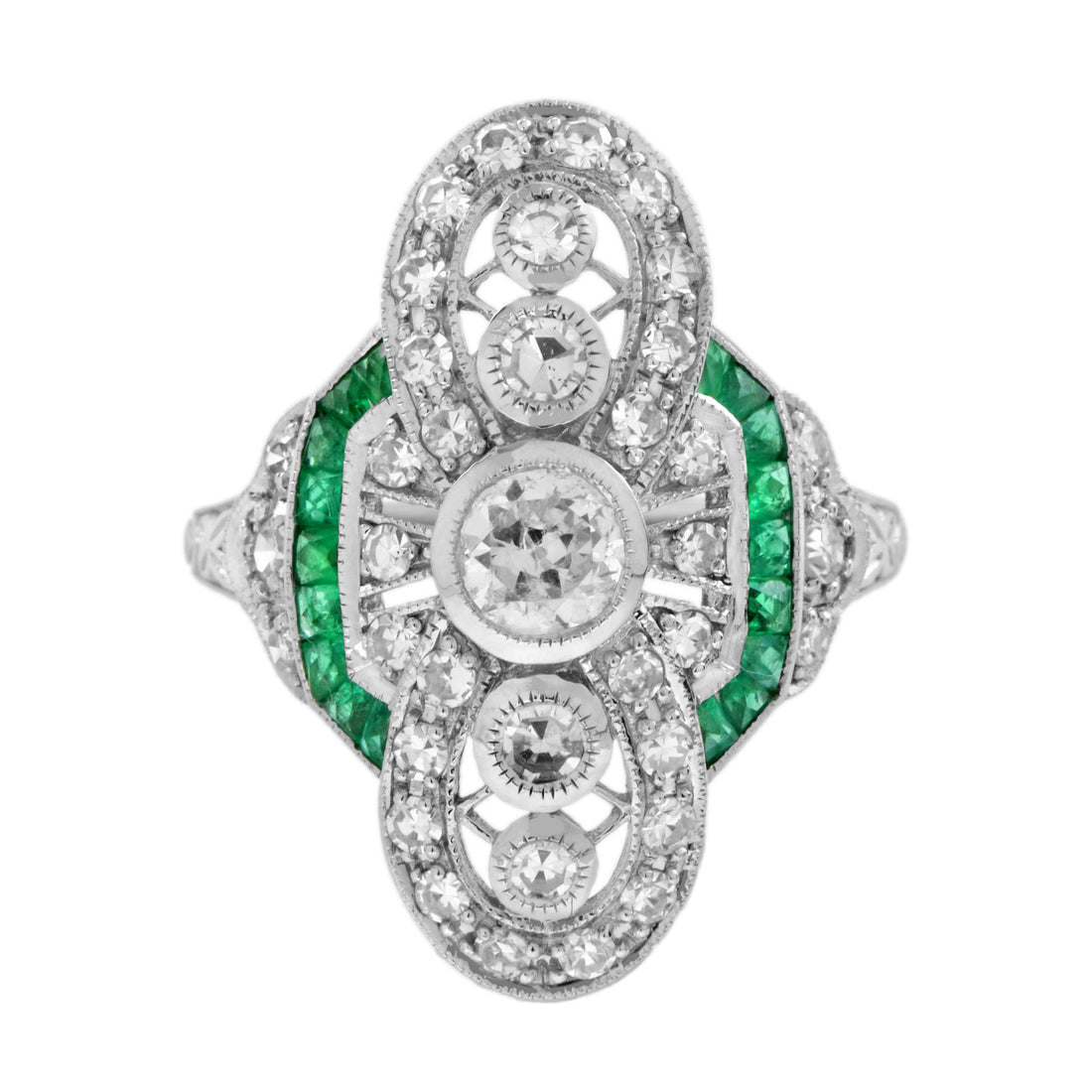 Art Deco Style Diamond & Green Emerald Cocktail 14K White Gold Ring