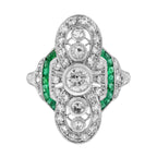Art Deco Style Diamond & Green Emerald Cocktail 14K White Gold Ring
