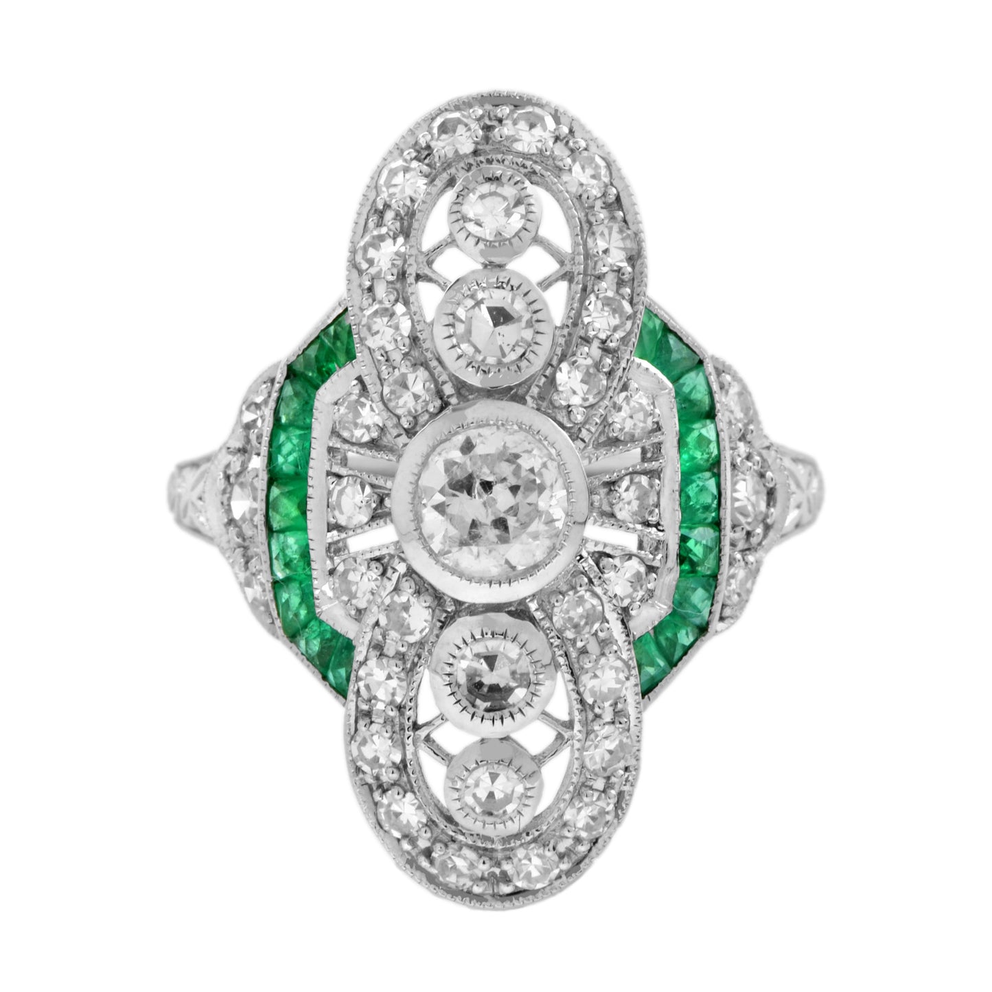 art deco style diamond & green emerald cocktail 14k white gold ring