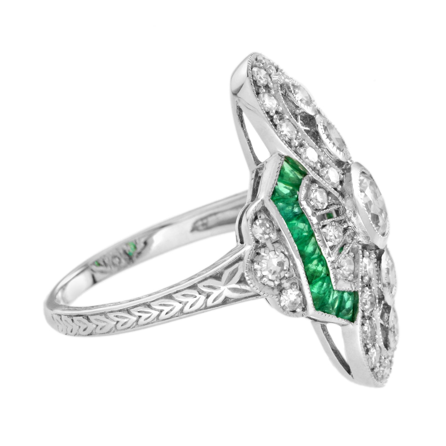 art deco style diamond & green emerald cocktail 14k white gold ring