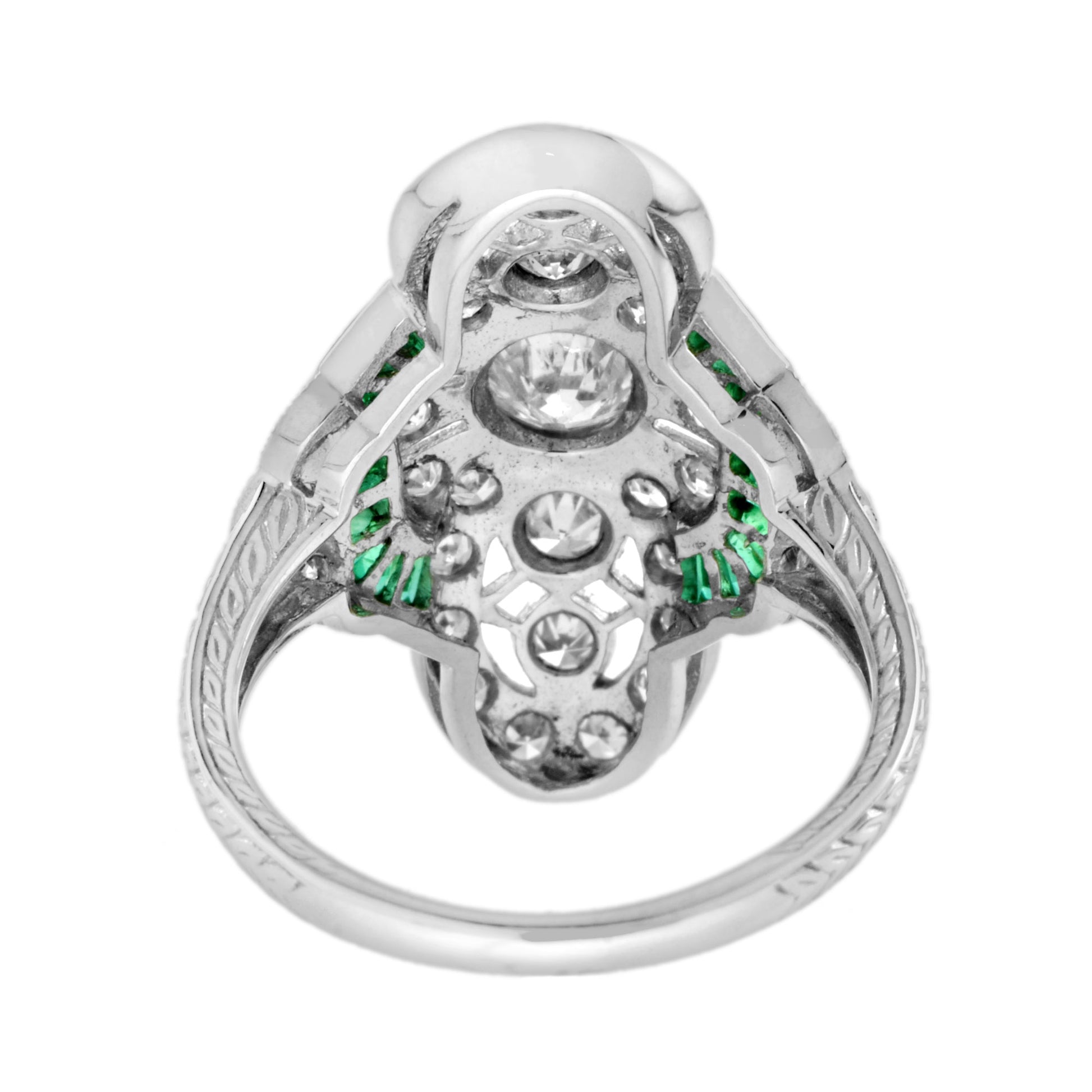Art Deco Style Diamond & Green Emerald Cocktail 14K White Gold Ring