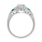 Art Deco Style Diamond & Green Emerald Cocktail 14K White Gold Ring