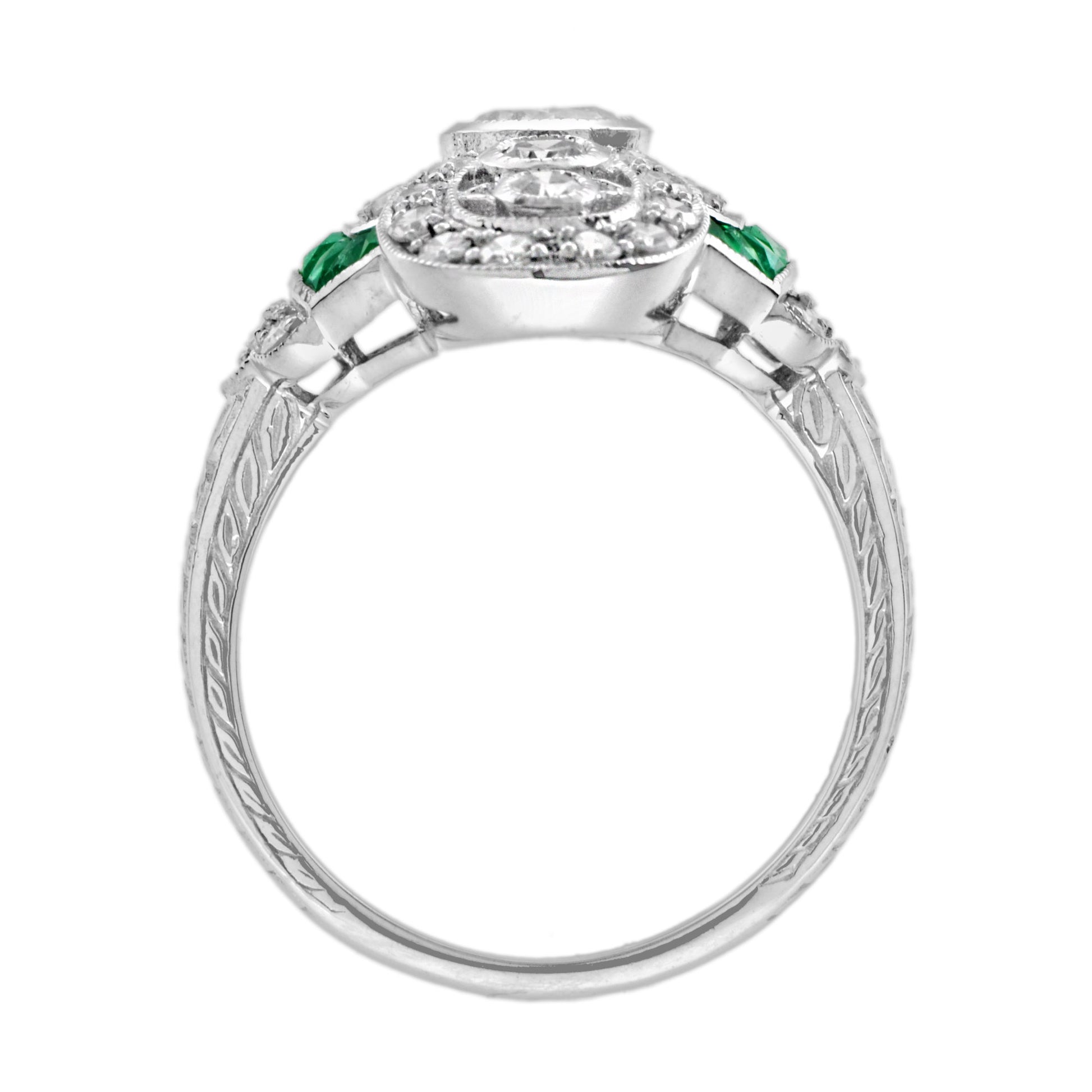 Art Deco Style Diamond & Green Emerald Cocktail 14K White Gold Ring