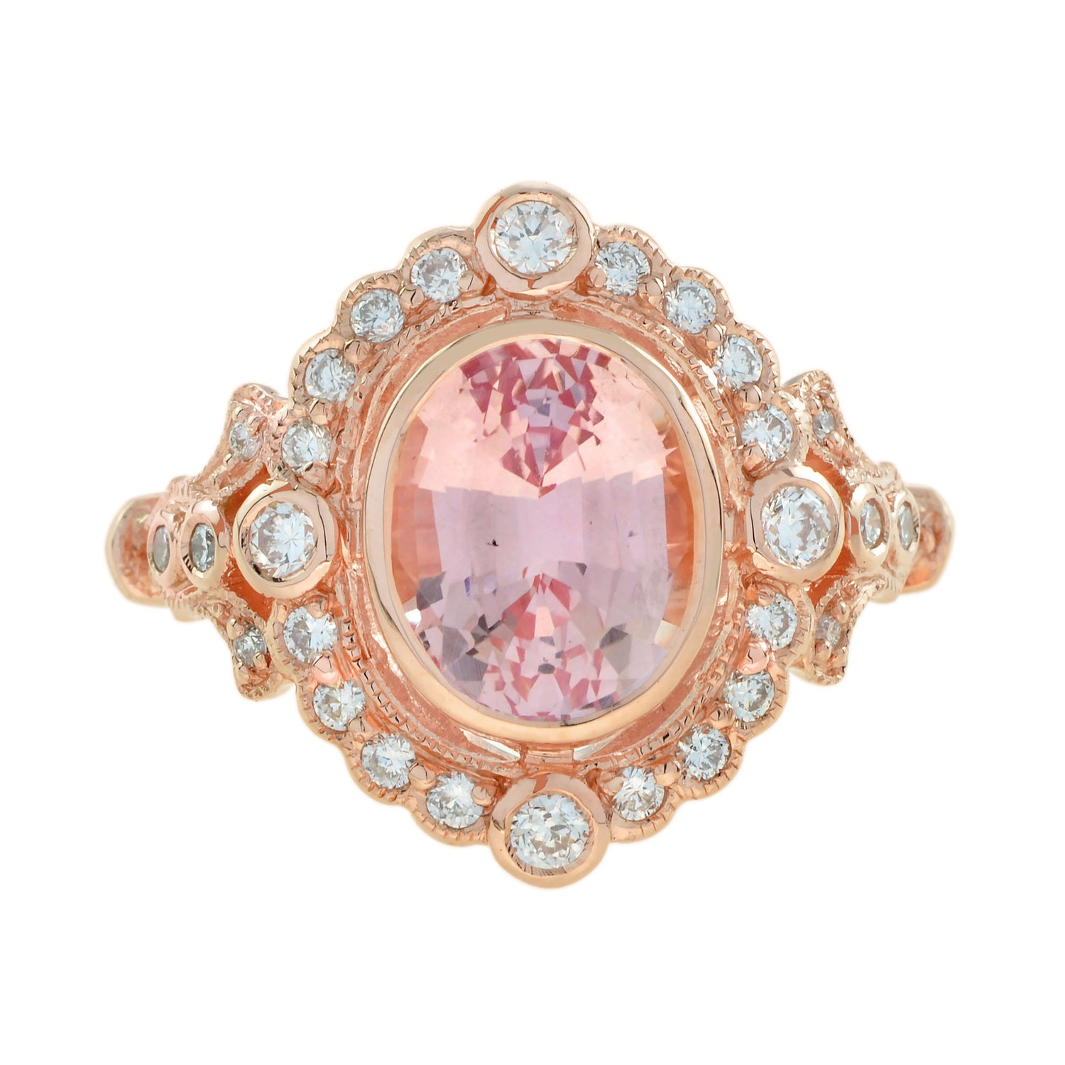 Oval Shape Peach Pink Morganite &amp; Diamond Vintage Style Halo 14K Rose Gold Ring