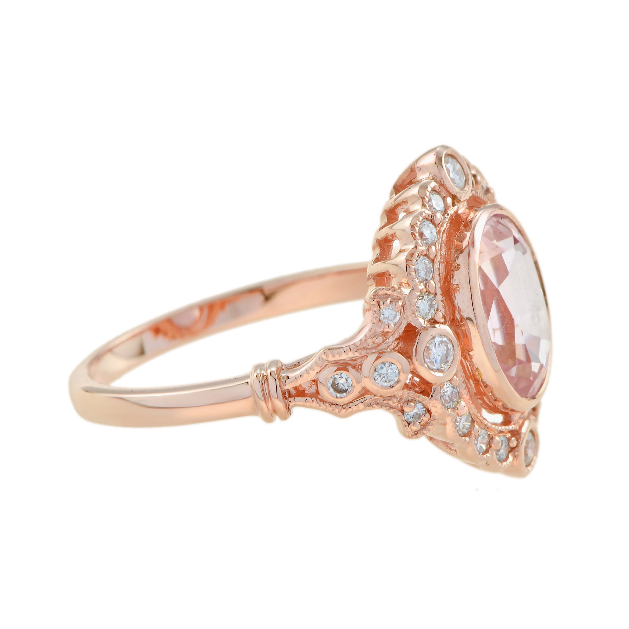 Oval Shape Peach Pink Morganite &amp; Diamond Vintage Style Halo 14K Rose Gold Ring