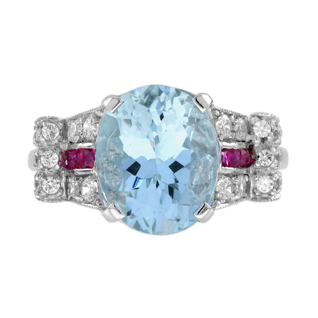 Oval Blue Topaz & Diamond and Ruby Art Deco Style 14K White Gold Ring