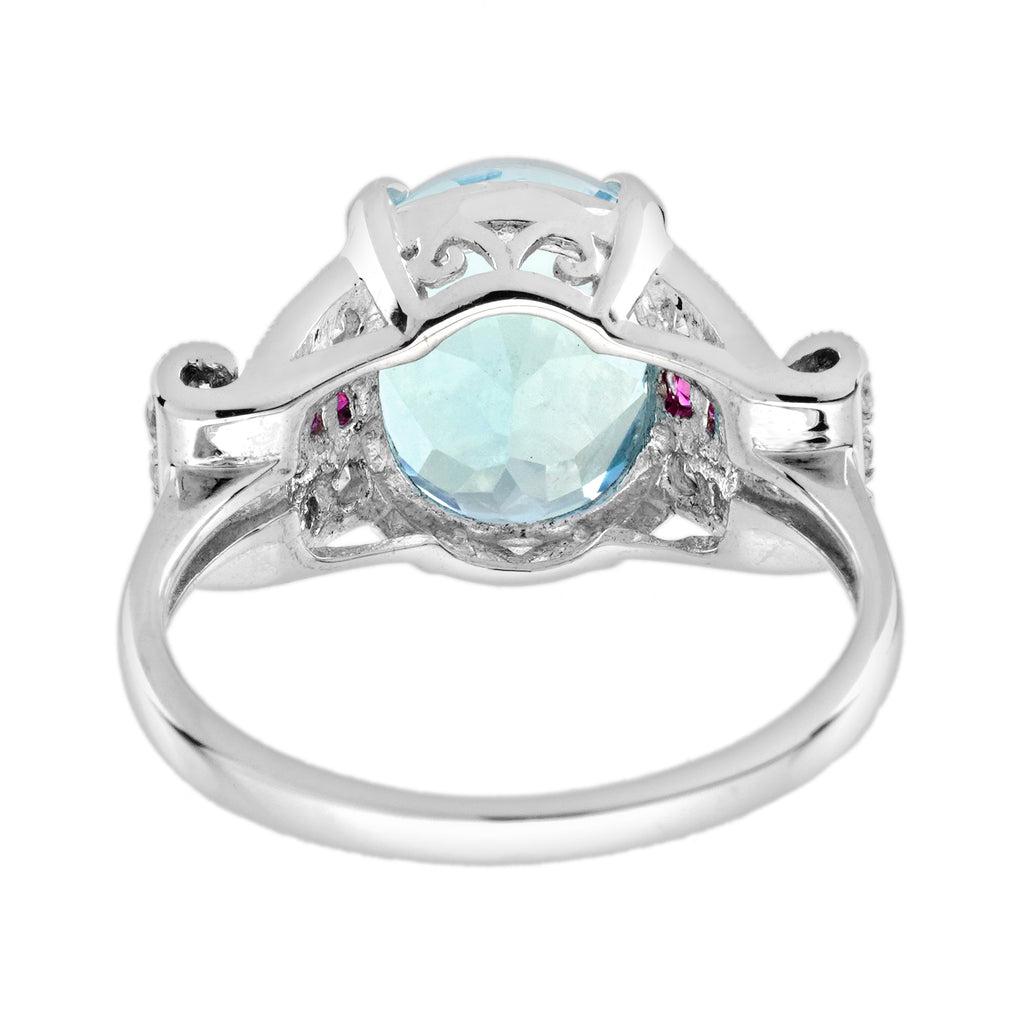 Oval Blue Topaz & Diamond and Ruby Art Deco Style 14K White Gold Ring