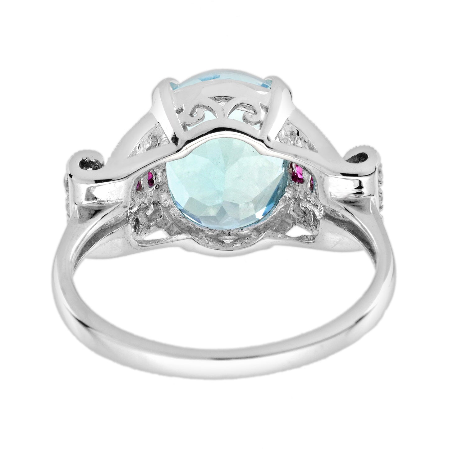 oval blue topaz & diamond and ruby art deco style 14k white gold ring