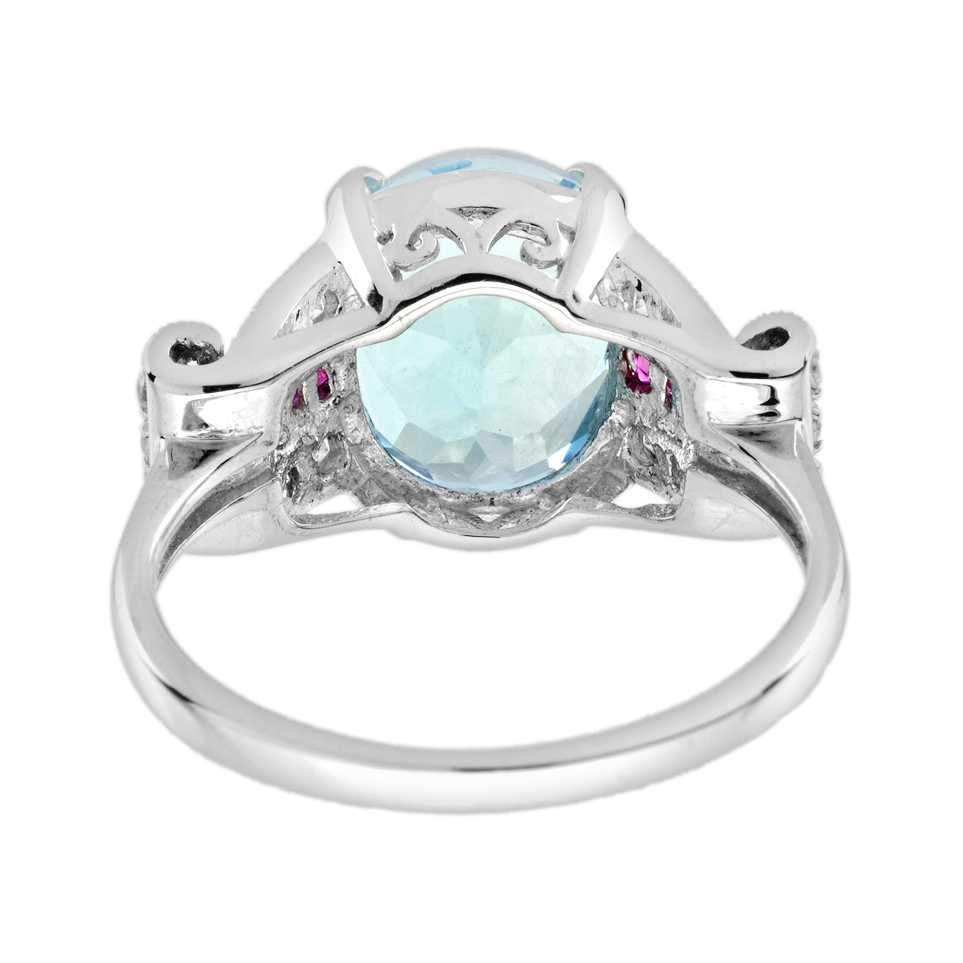 Oval Blue Topaz & Diamond and Ruby Art Deco Style 14K White Gold Ring
