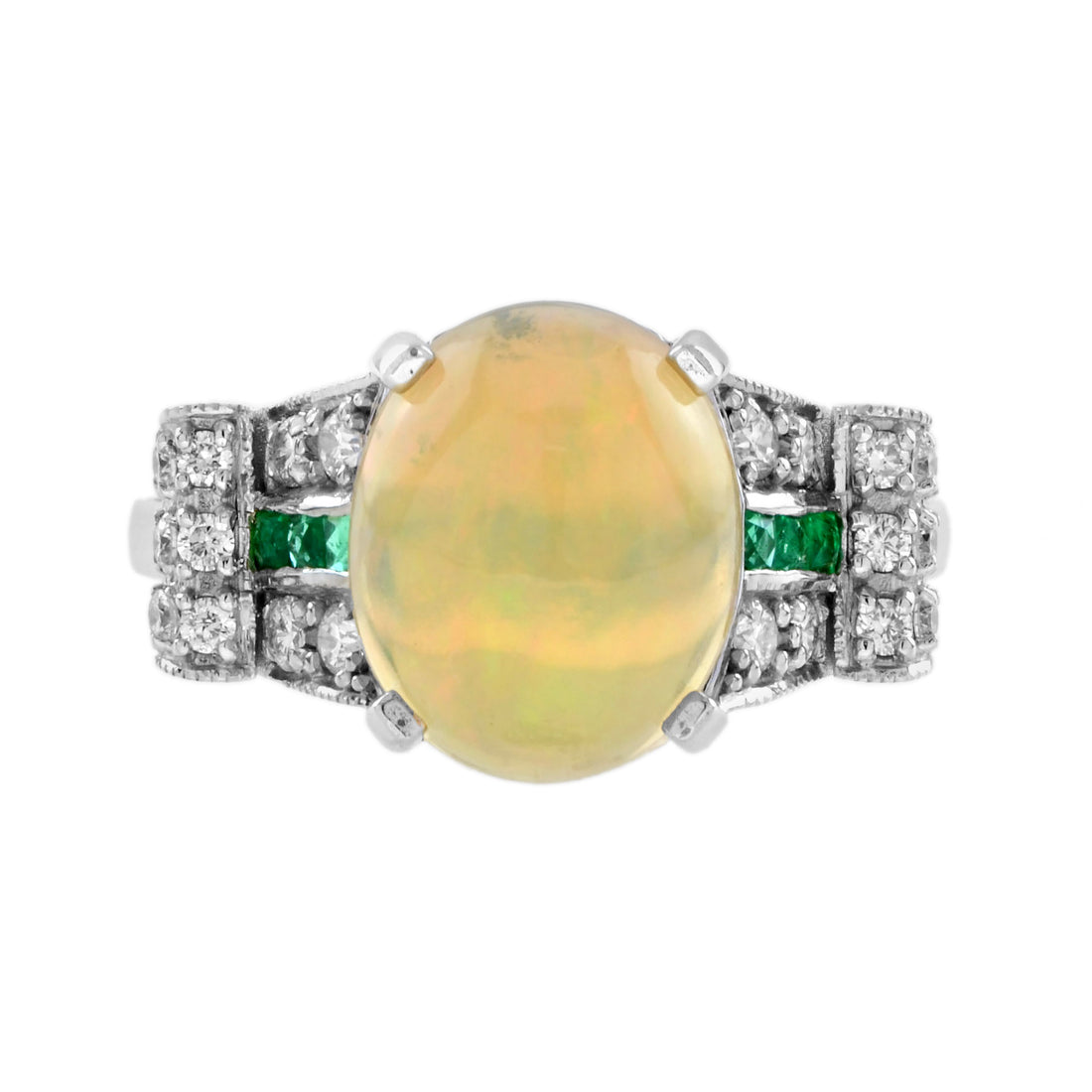White Yellow Opal & Emerald Diamond Art Deco Style Solitaire 14K White Gold Ring