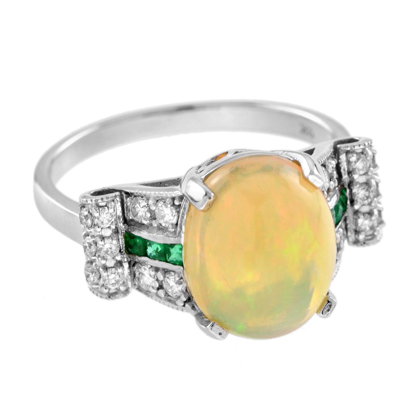 white yellow opal & emerald diamond art deco style solitaire 14k white gold ring