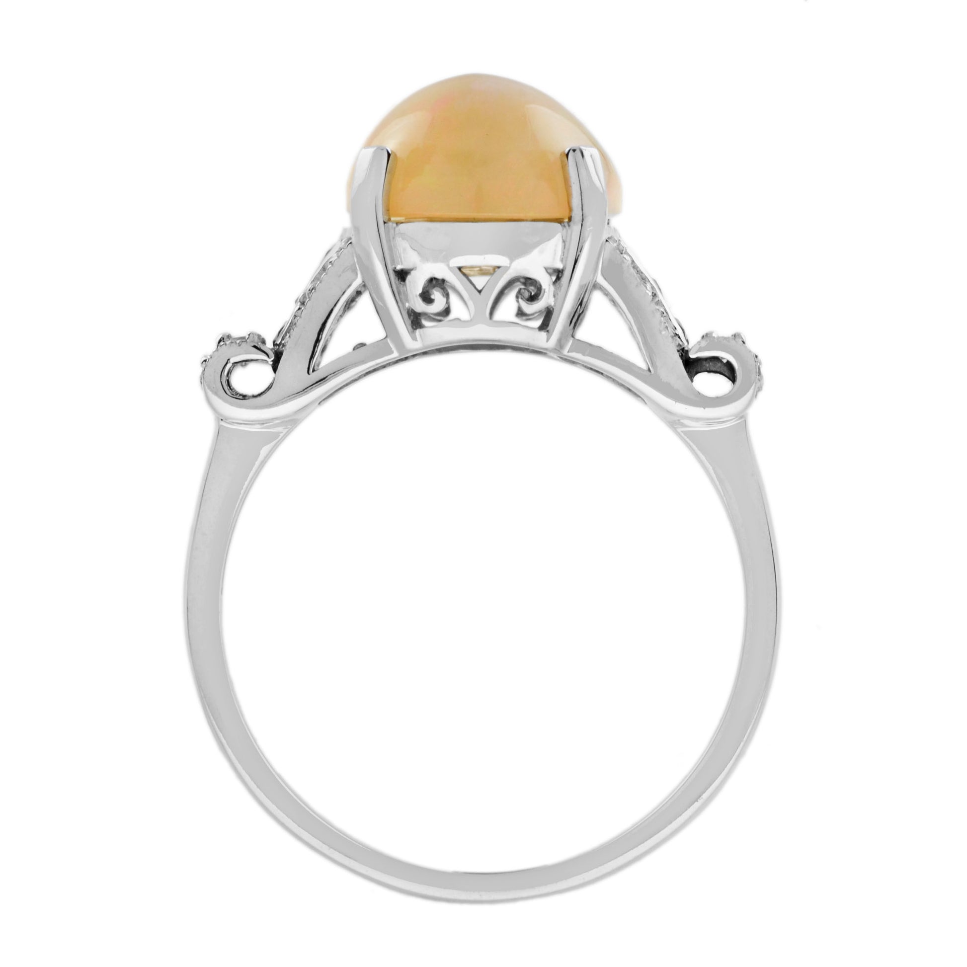 White Yellow Opal & Emerald Diamond Art Deco Style Solitaire 14K White Gold Ring