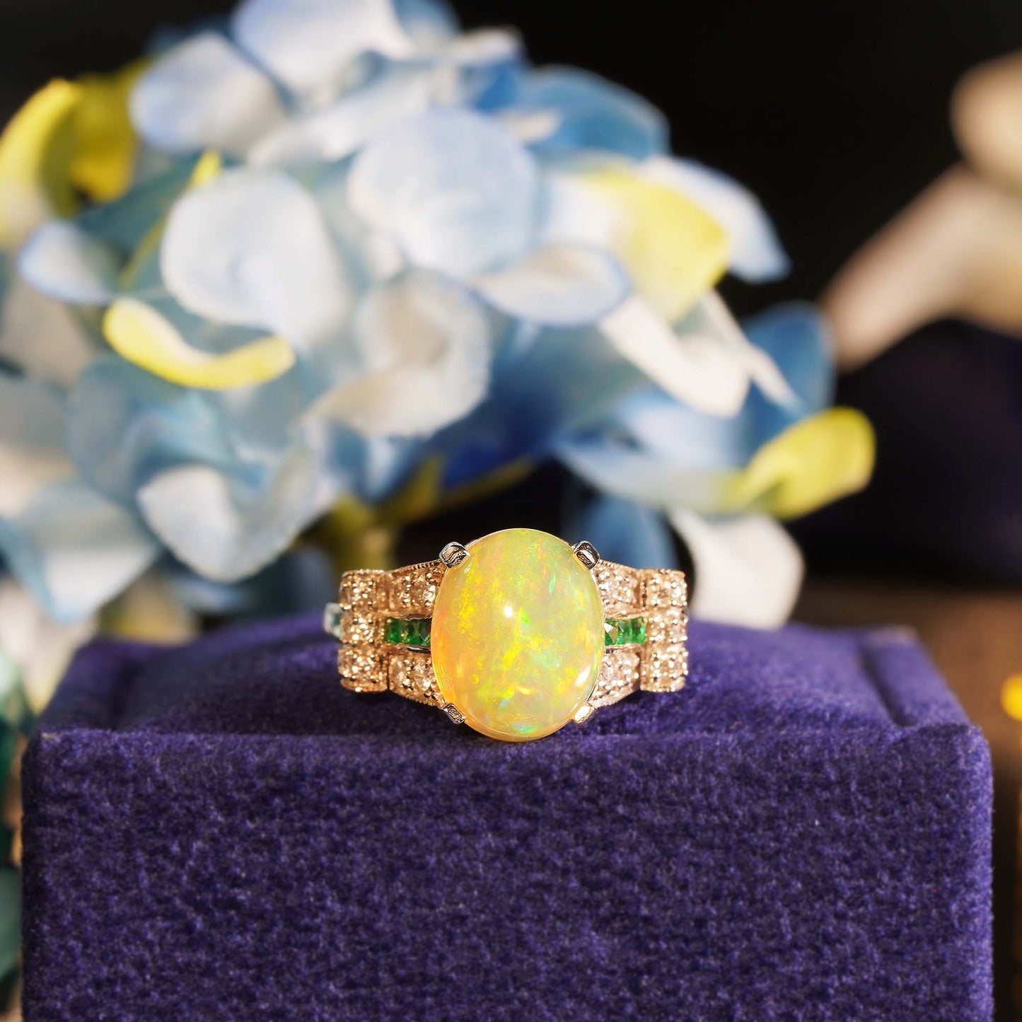 white yellow opal & emerald diamond art deco style solitaire 14k white gold ring
