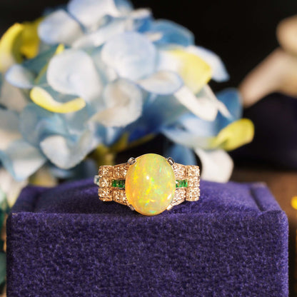 White Yellow Opal & Emerald Diamond Art Deco Style Solitaire 14K White Gold Ring