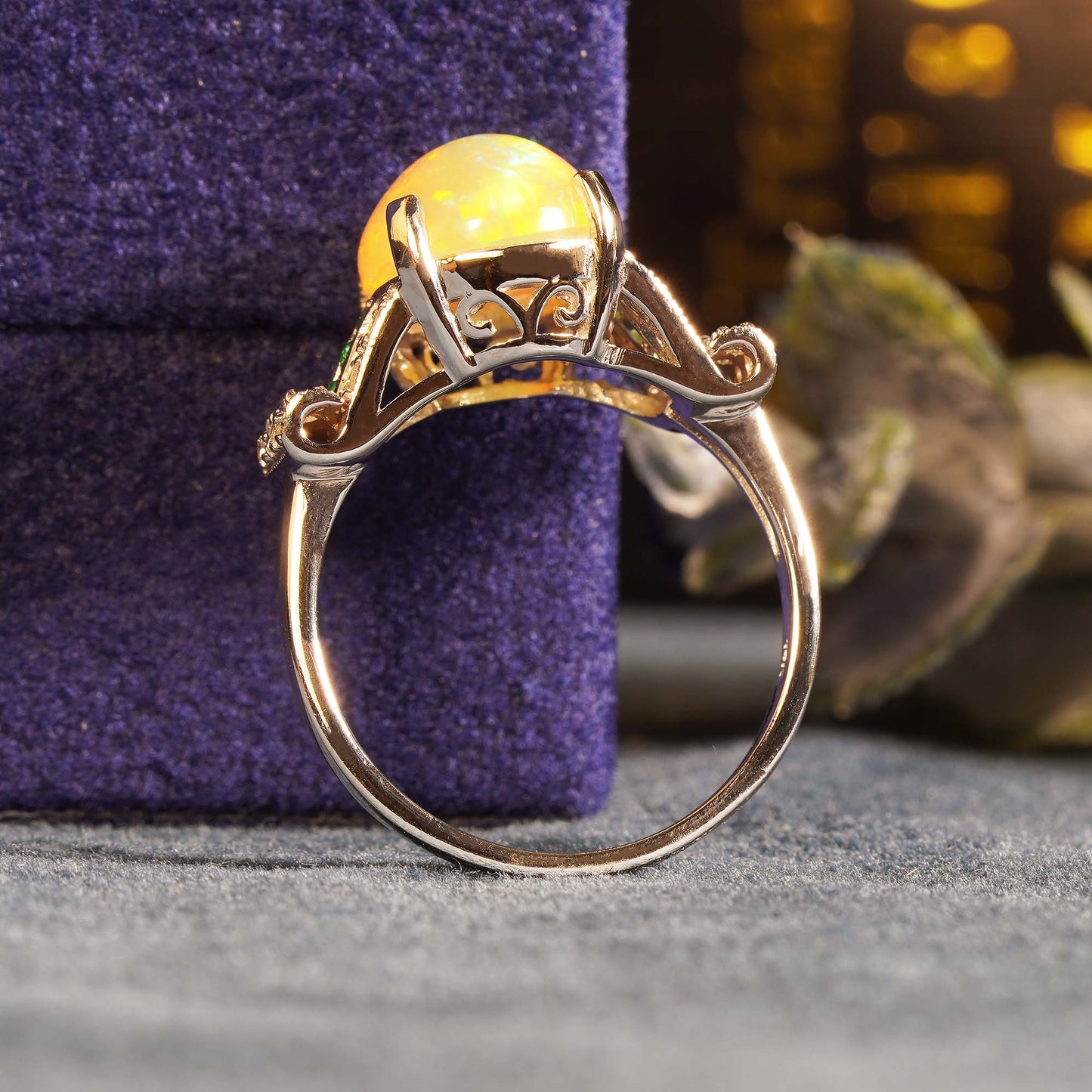 white yellow opal & emerald diamond art deco style solitaire 14k white gold ring