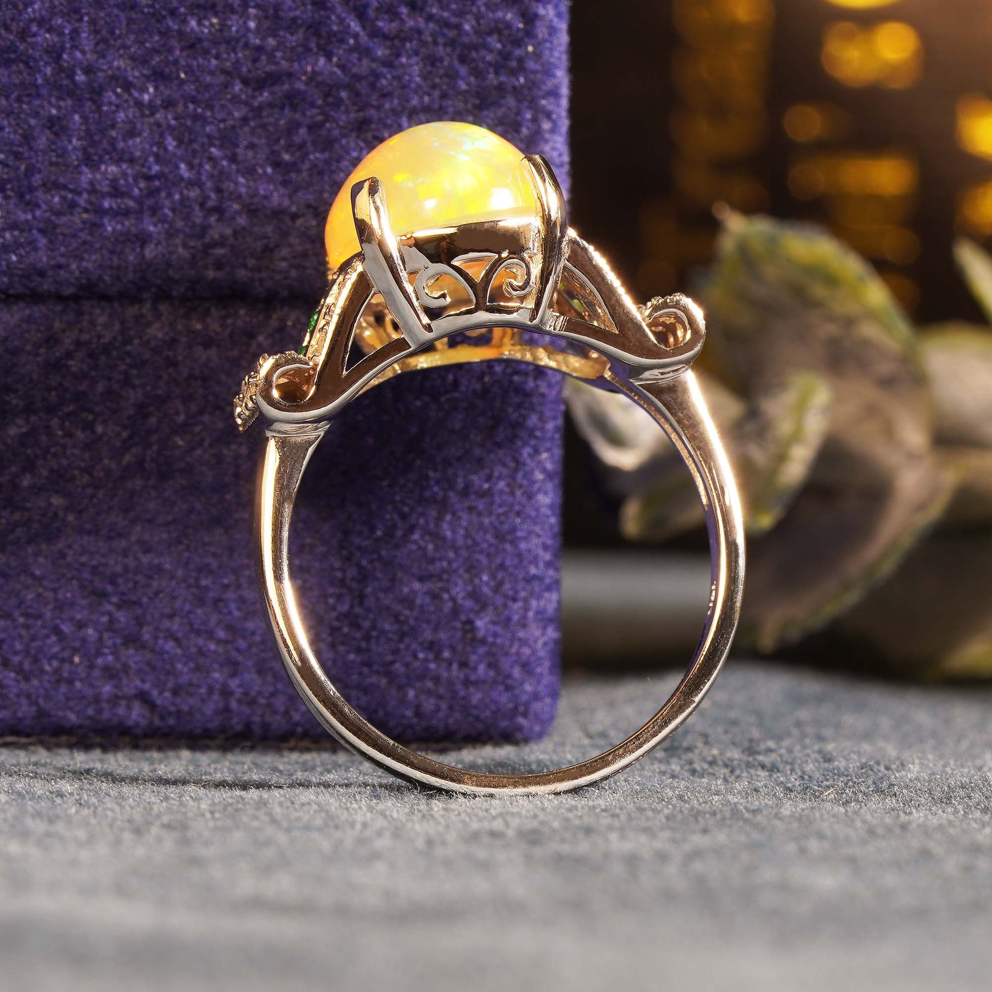 White Yellow Opal & Emerald Diamond Art Deco Style Solitaire 14K White Gold Ring