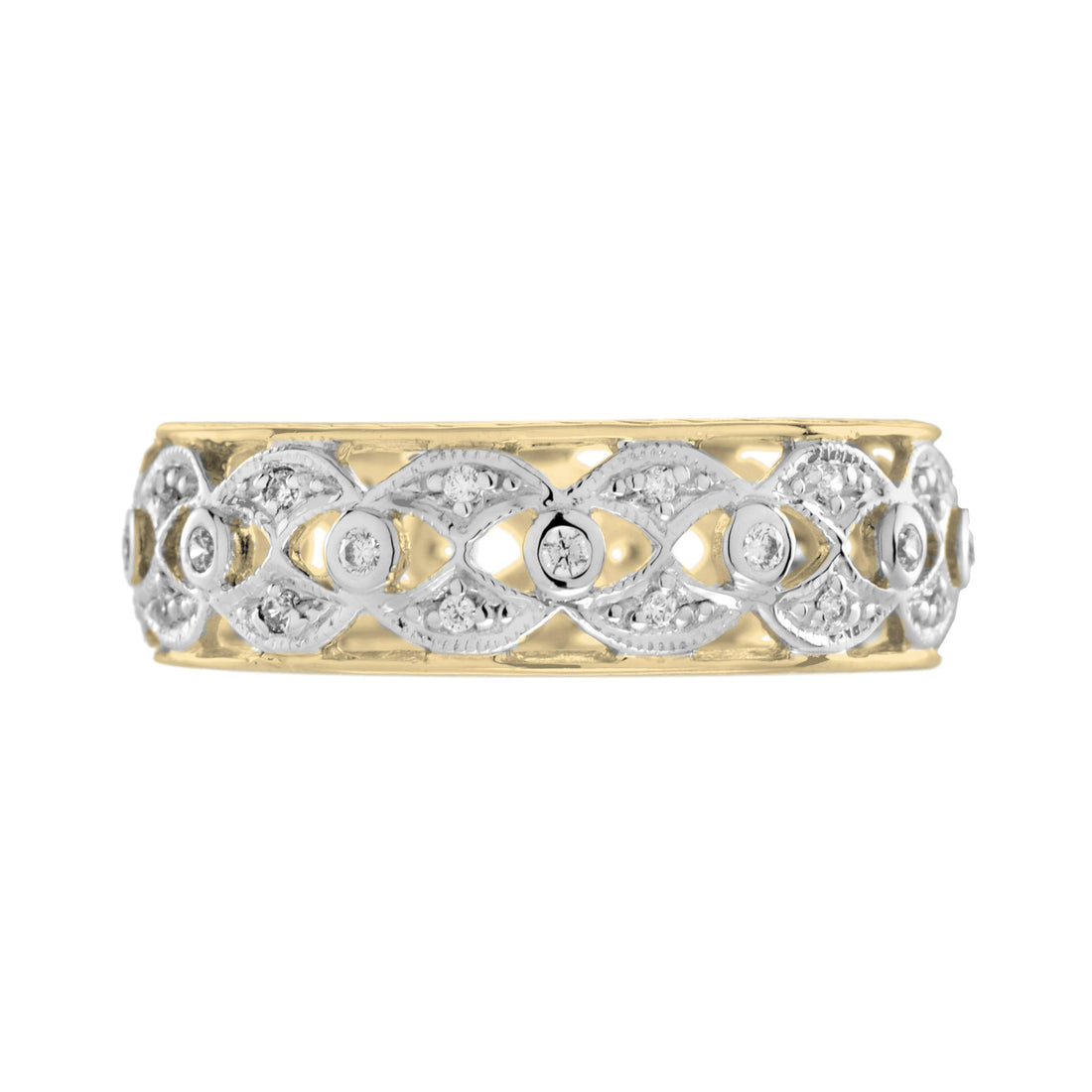 Art Deco Style Diamond Floral Filigree Eternity Band 14K White Yellow Gold Ring