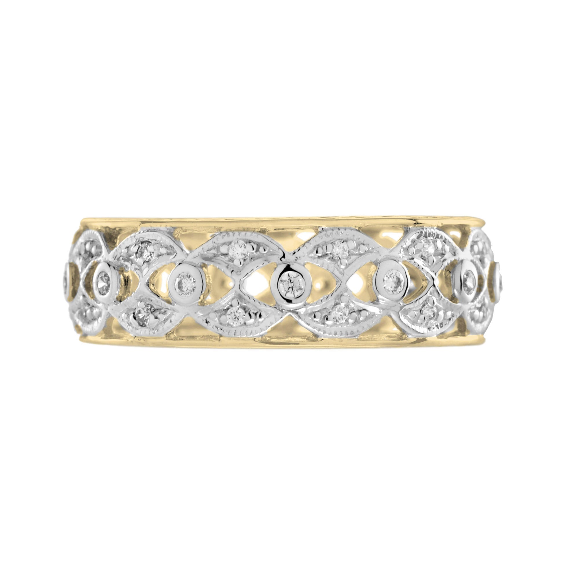Art Deco Style Diamond Floral Filigree Eternity Band 14K White Yellow Gold Ring