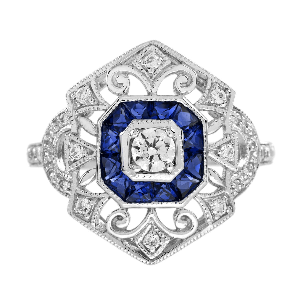 Diamond & Sapphire Art Deco Style Ring Earrings White Gold Jewelry Set