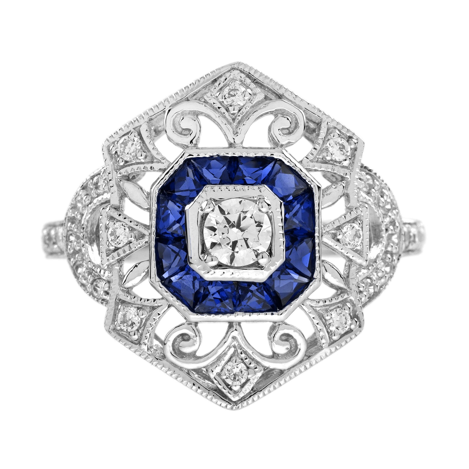 Diamond Sapphire Edwardian Style Openwork Bangle Bracelet &amp; Ring Jewelry Set