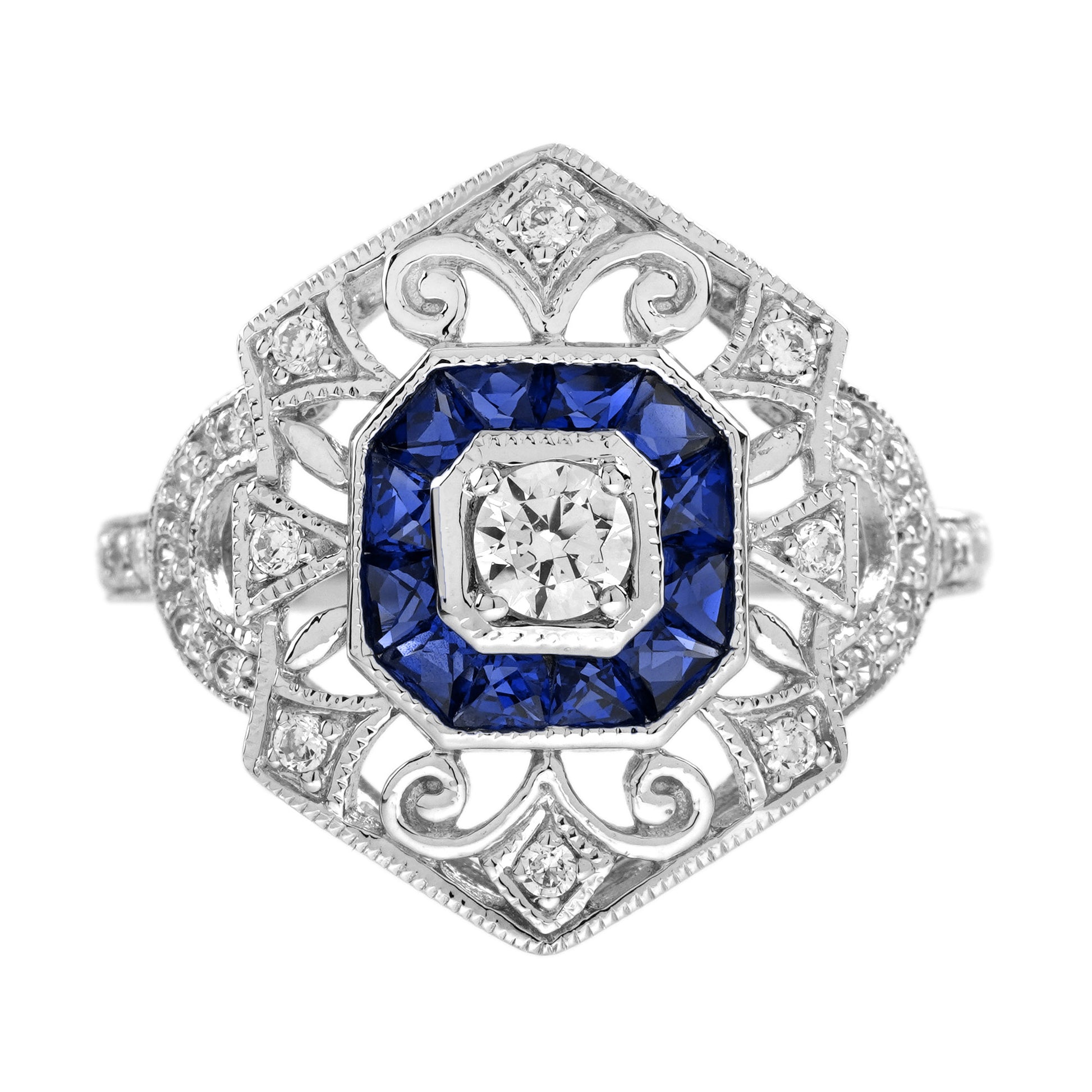 Diamond Sapphire Edwardian Style Openwork Bangle Bracelet & Ring Jewelry Set