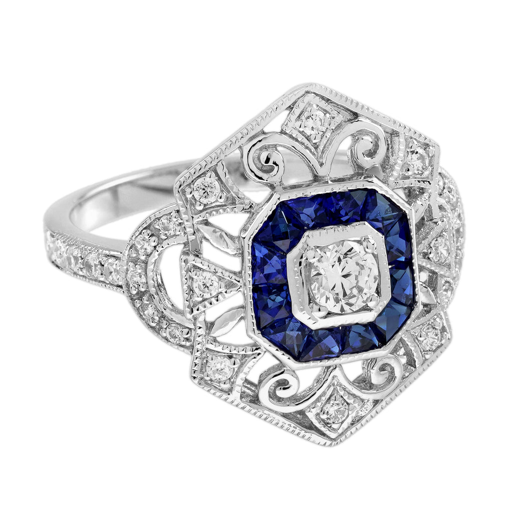 Diamond & Sapphire Art Deco Style Ring Earrings White Gold Jewelry Set