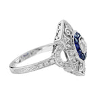 Diamond & Sapphire Art Deco Style Ring Earrings White Gold Jewelry Set