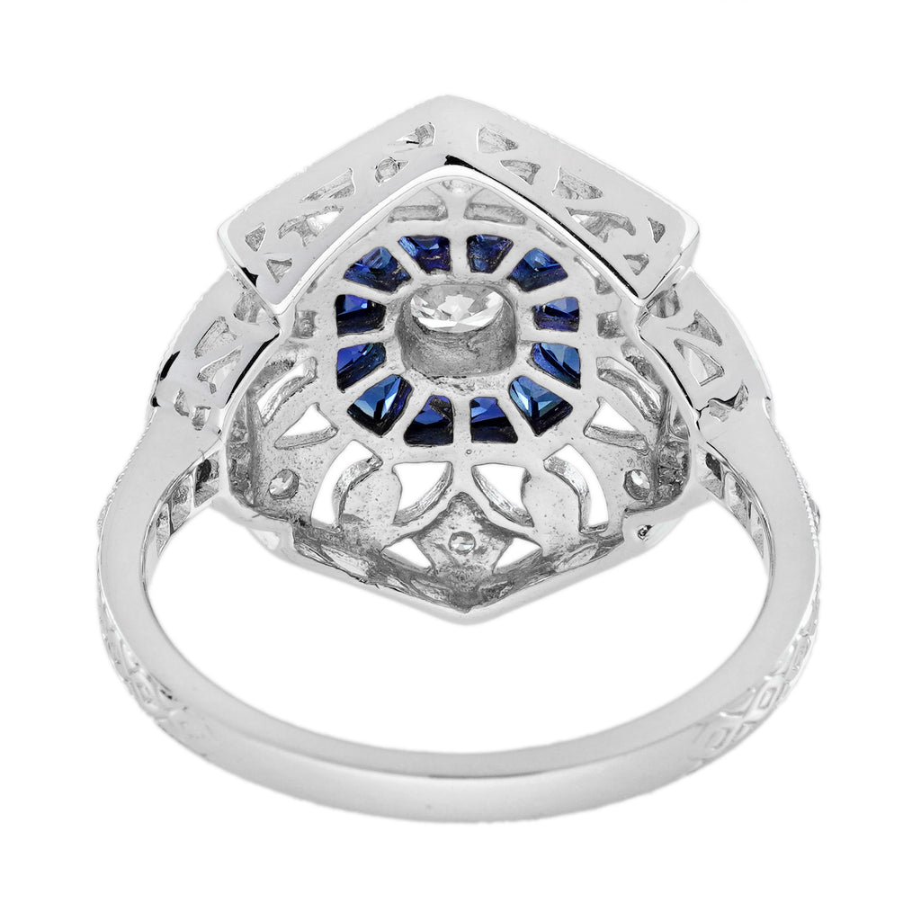 Diamond & Sapphire Art Deco Style Ring Earrings White Gold Jewelry Set