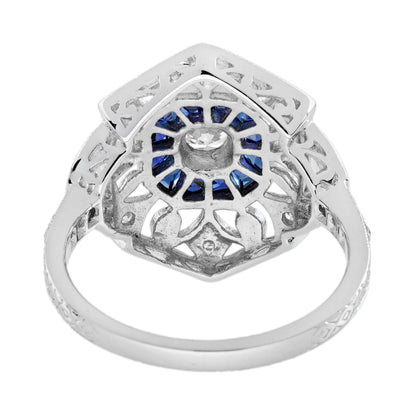 Diamond &amp; Sapphire Art Deco Style Ring Earrings White Gold Jewelry Set