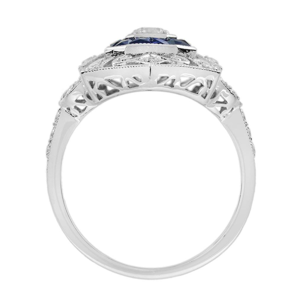 Diamond & Sapphire Art Deco Style Ring Earrings White Gold Jewelry Set