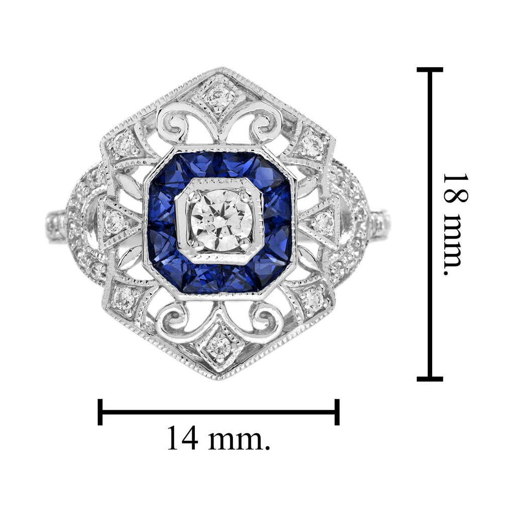 Diamond & Sapphire Art Deco Style Ring Earrings White Gold Jewelry Set