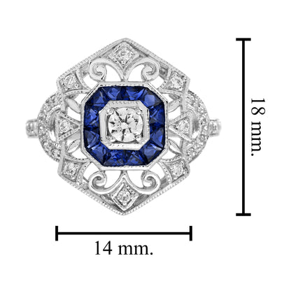 Diamond &amp; Sapphire Art Deco Style Ring Earrings White Gold Jewelry Set