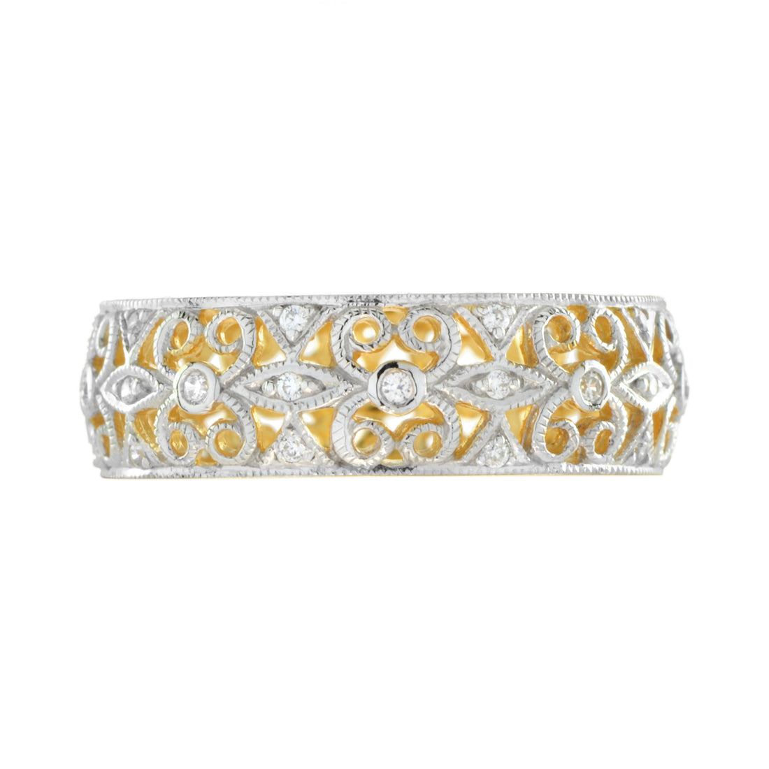Art Deco Style Diamond Floral Filigree Eternity Band 14K Yellow Gold Ring