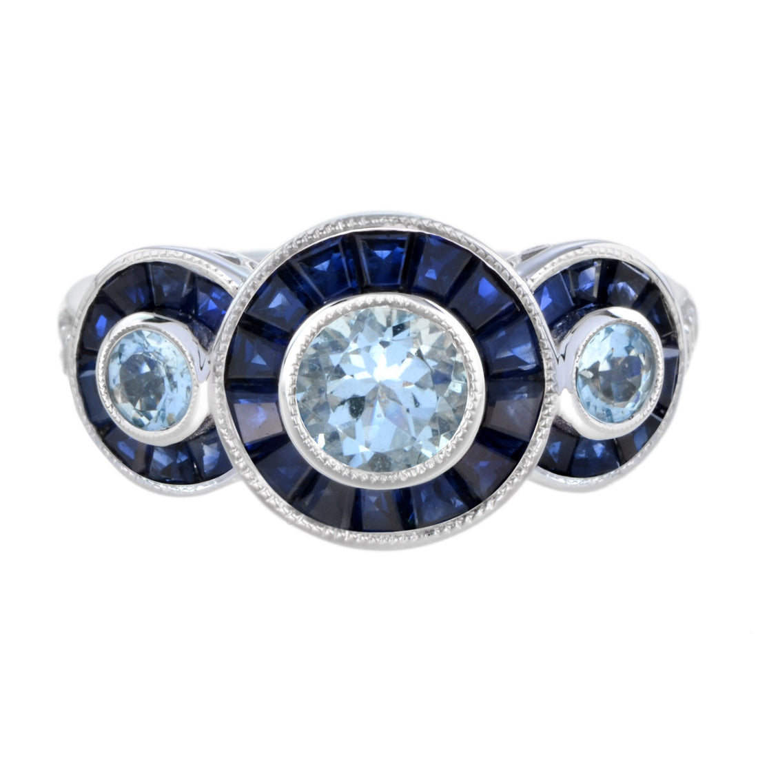 Aquamarine & Blue Sapphire and Diamond Halo Art Deco Style Three Stone Gold Ring