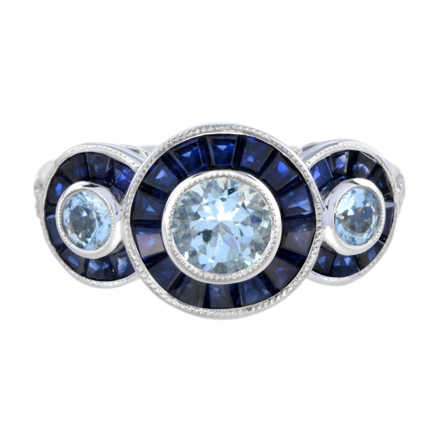 aquamarine & blue sapphire and diamond halo art deco style three stone gold ring