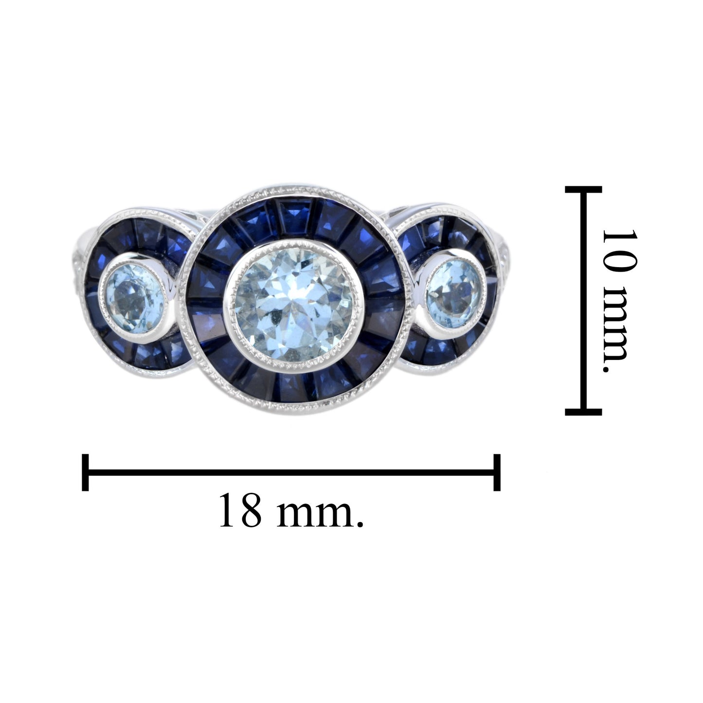aquamarine & blue sapphire and diamond halo art deco style three stone gold ring